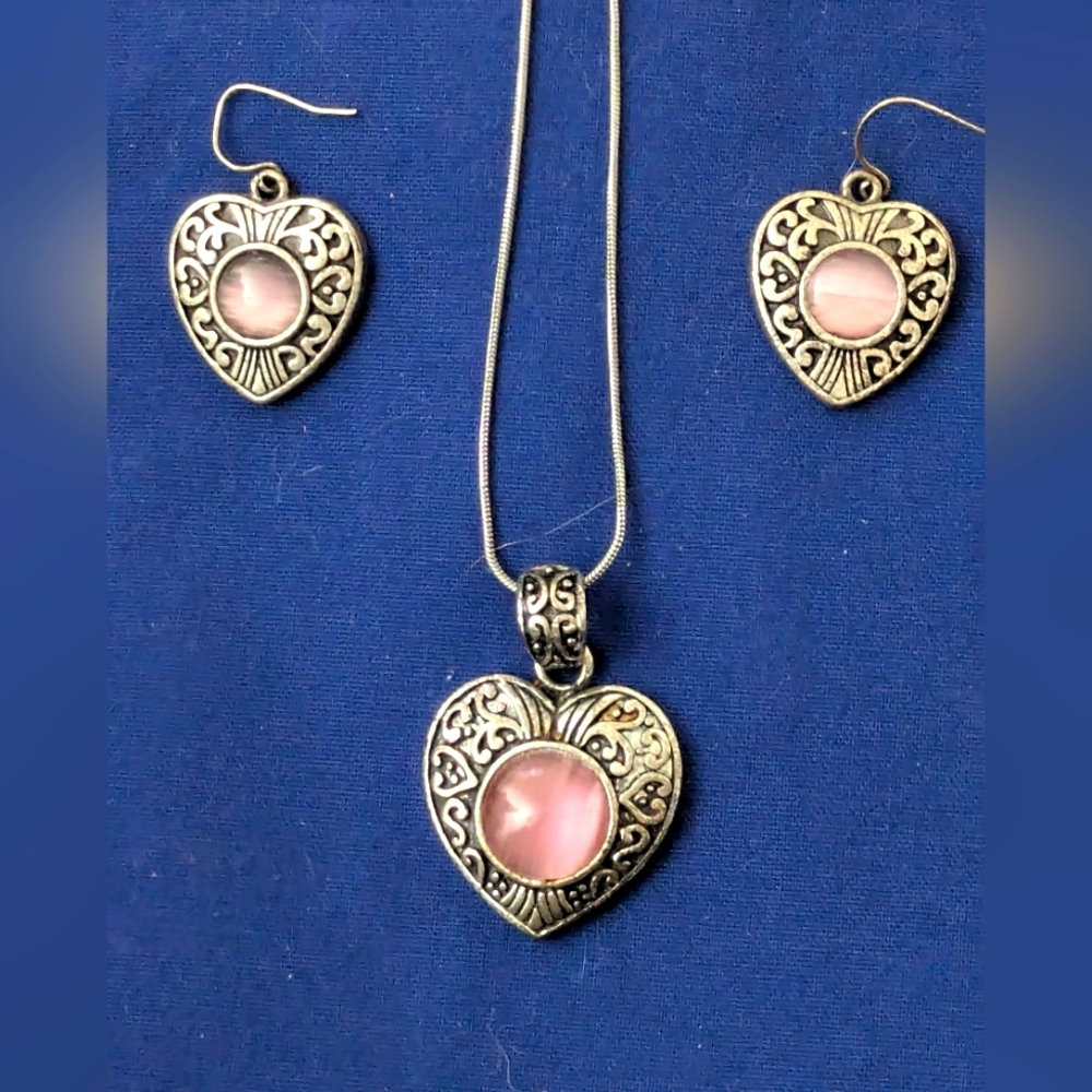 Heart Pendant and Earrings Set with Pink Stone